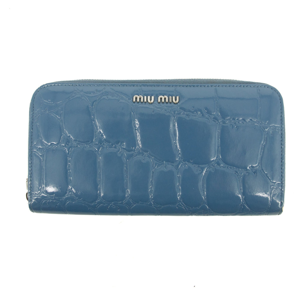 Miu Miu Blue Croco Embossed Leather Zip Around Wallet #3728