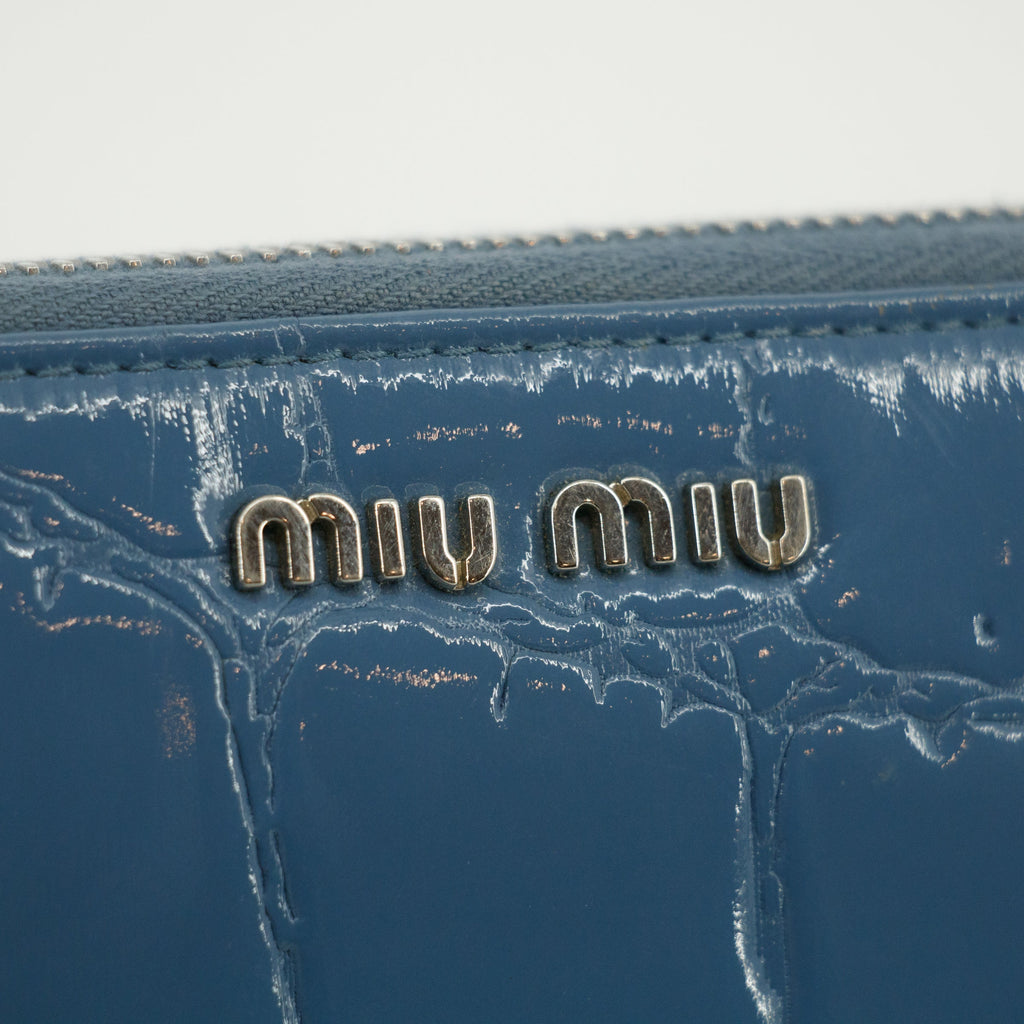 Miu Miu Blue Croco Embossed Leather Zip Around Wallet #3728