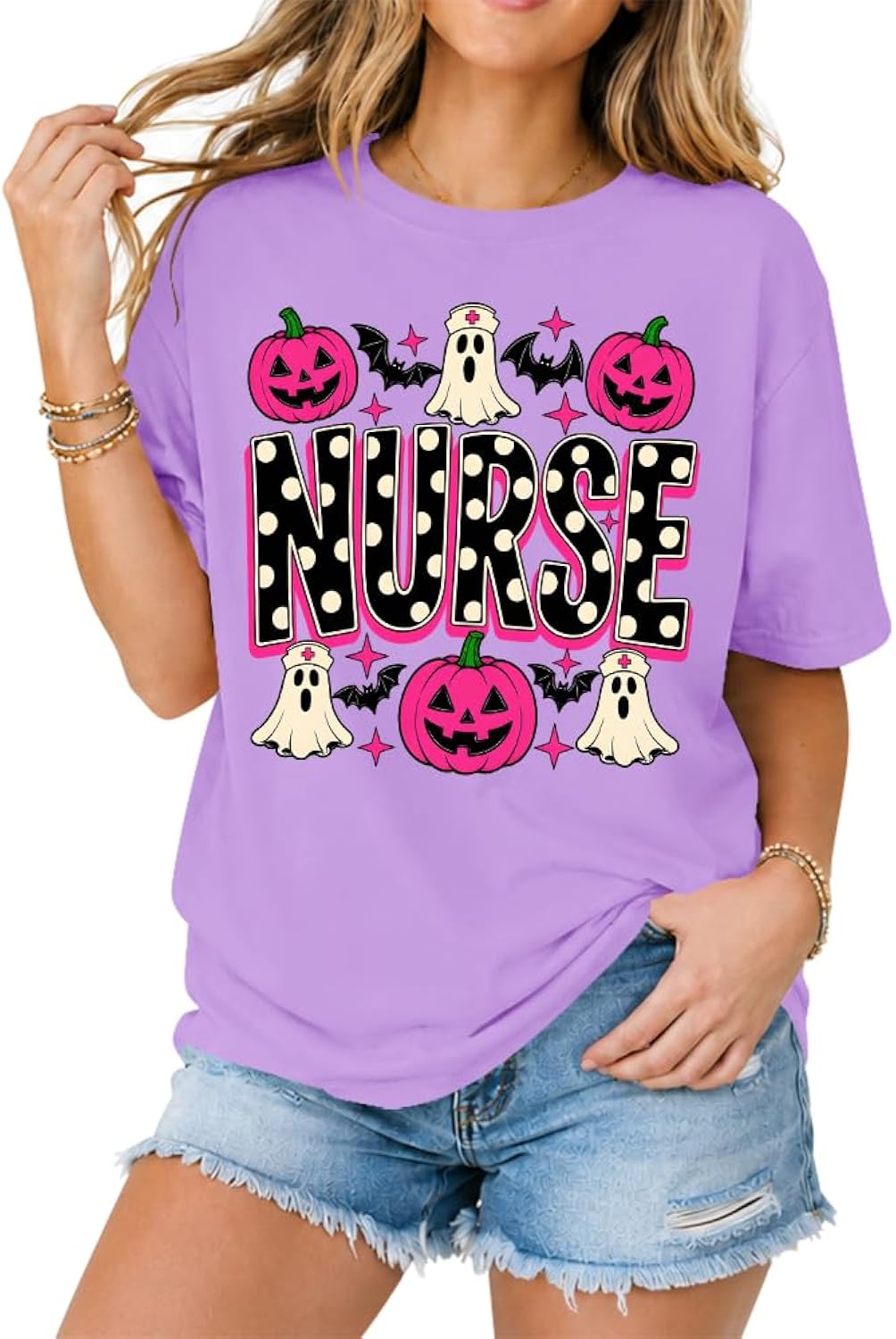 Halloween Nurse Shirt Women Polka Dot Nurse Ghost Pumpkin Nursing T-Shirt