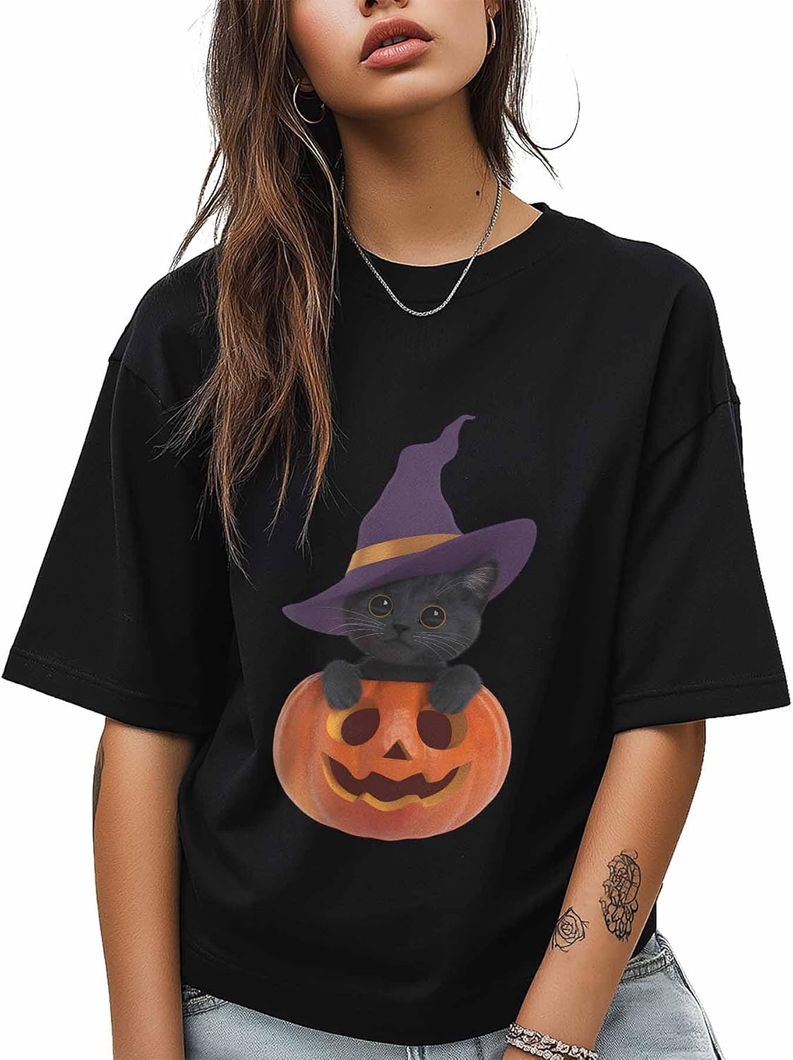 Women T-Shirt,Crewneck Tee Halloween Black Cat Short Sleeve Casual T Shirts