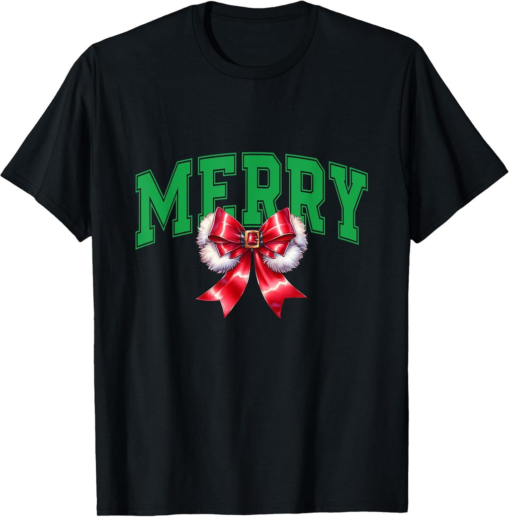Vintage Merry Christmas Coquette Bow Festive Women Girls T-Shirt
