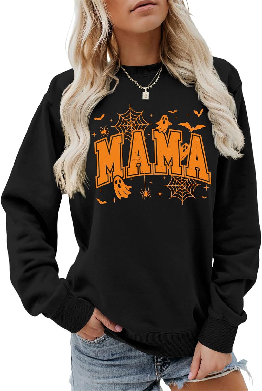 Mama Halloween Sweatshirt Spooky Mama Shirts Women Crewneck Mom Ghost Fall Pullover Tops Retro Spooky Season Sweater