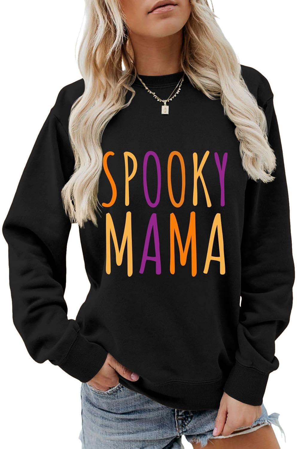 Spooky Mama Sweatshirt Funny Halloween Mama Shirt Women Halloween Spooky Season Letter Print Crewneck Pullovers