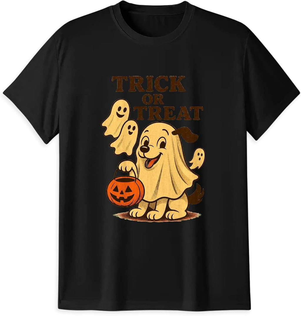 Trick or Treat Ghost Dog T-Shirt, Funny Halloween Pumpkin Gift