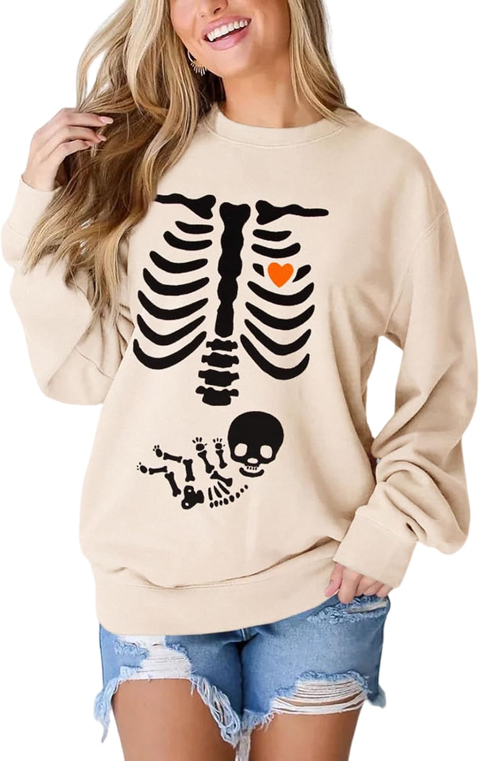 Women X-Ray Skeleton Sweatshirt Halloween Maternity Sweatshirts Crewneck Pullover Pregnancy Announcement Shirts Tops