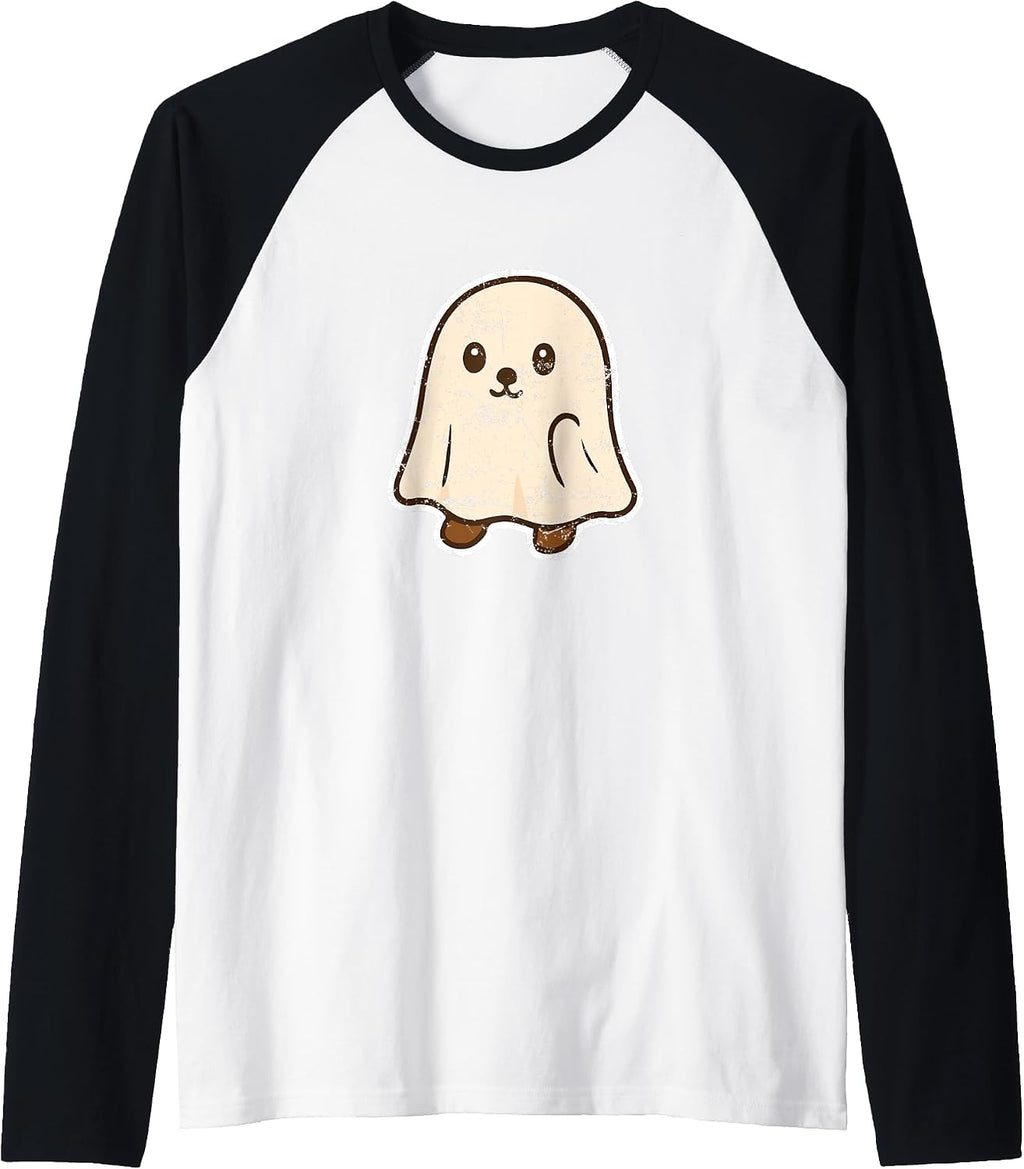 Cute Ghost Pup Halloween Raglan Baseball Tee