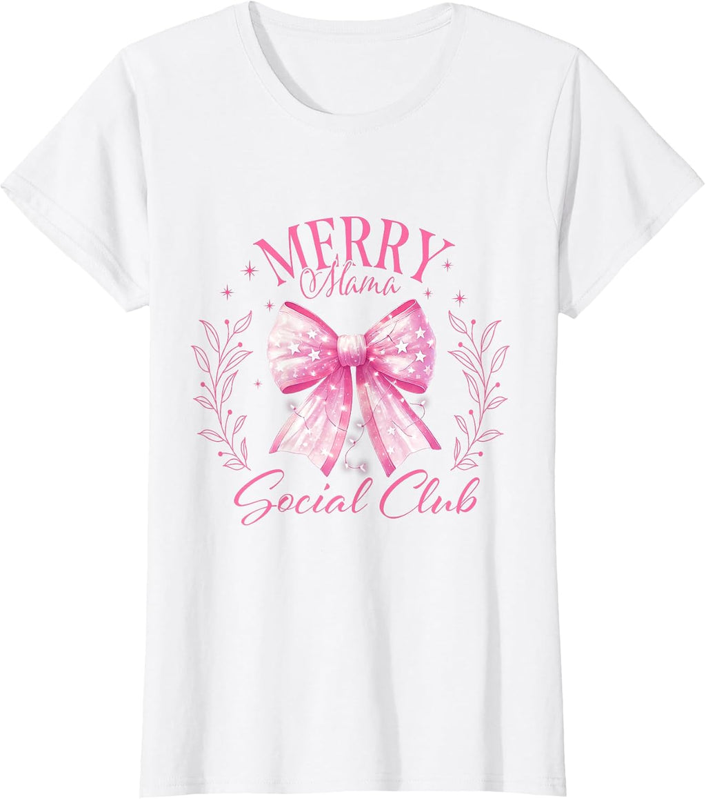 Pink Coquette Christmas Bows Y2K Merry Mama Social Club T-Shirt