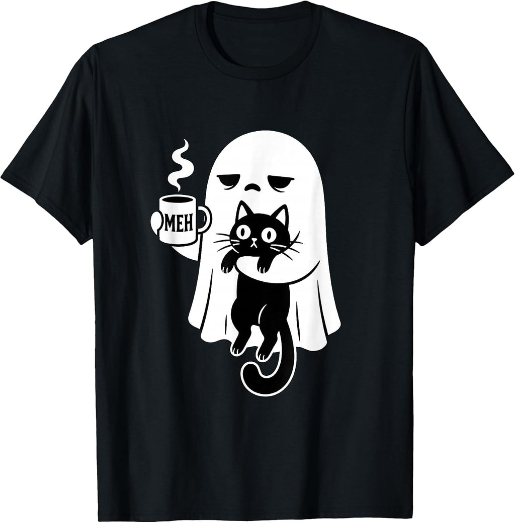 Spooky Season Ghost Drinking Coffee Boojee Halloween Cat T-Shirt