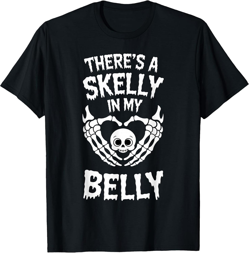 Skeleton There's Skelly in My Belly Pregnant Halloween T-Shirt