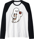 Ghost Miniature American Shepherd Dog Coffee Lover Halloween Raglan Baseball Tee