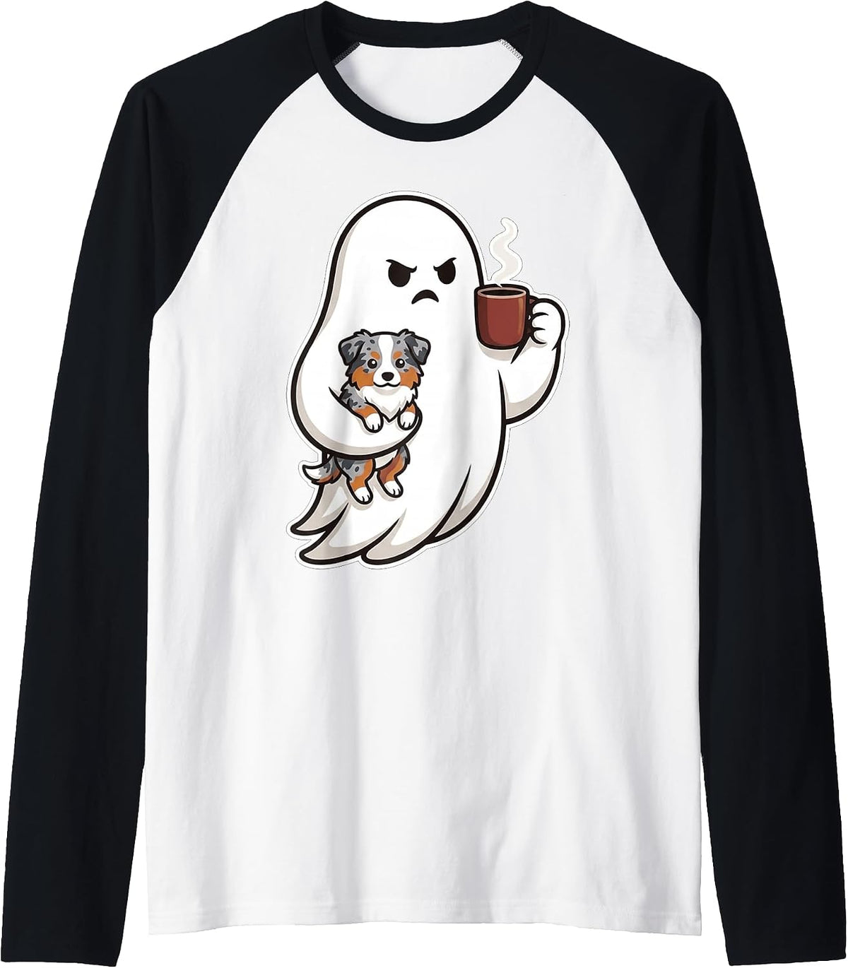 Ghost Miniature American Shepherd Dog Coffee Lover Halloween Raglan Baseball Tee