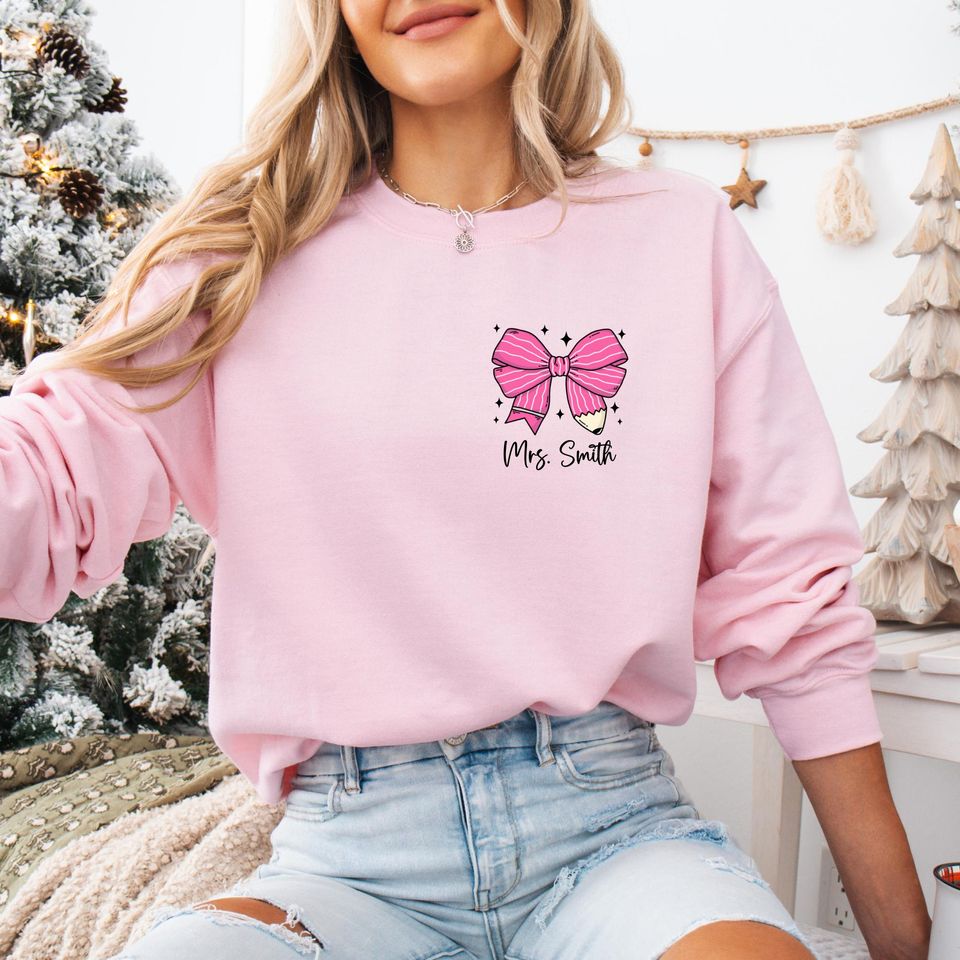 Personalized Teacher Sweatshirt, Coquette Teacher Hoodie, Customized Name Teacher Hoodie, Gift For Teacher, Teacher Bow Pocket Design Shirt