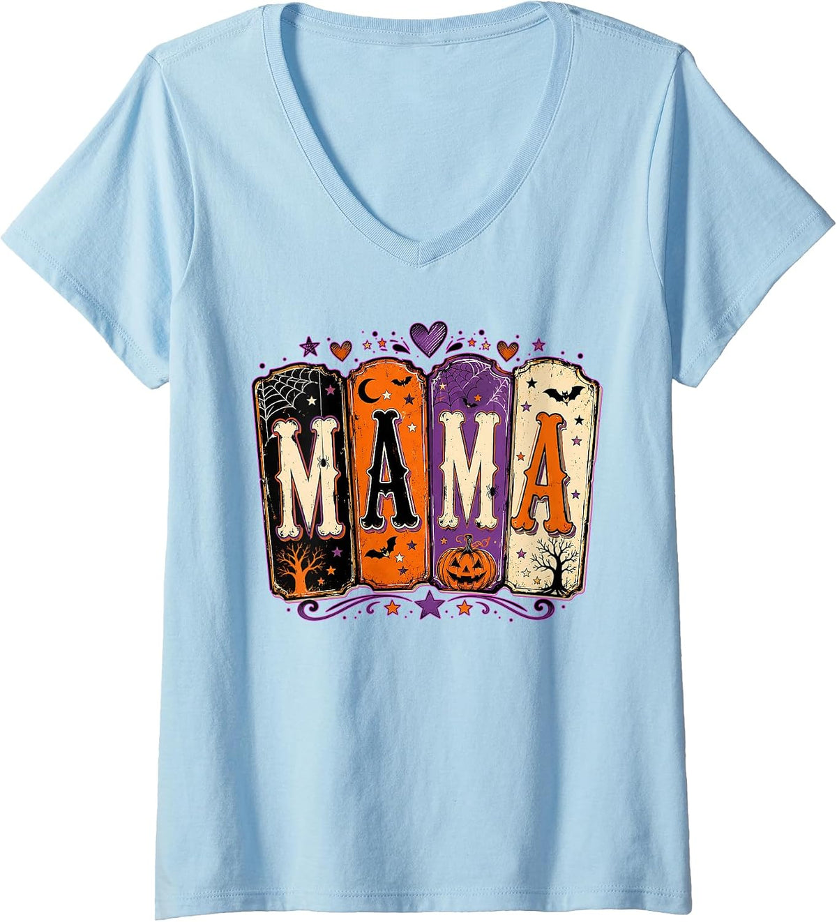 Women's Funny Spooky Mama Halloween Vintage Pumpkin Spooky Season V-Neck T-Shirt