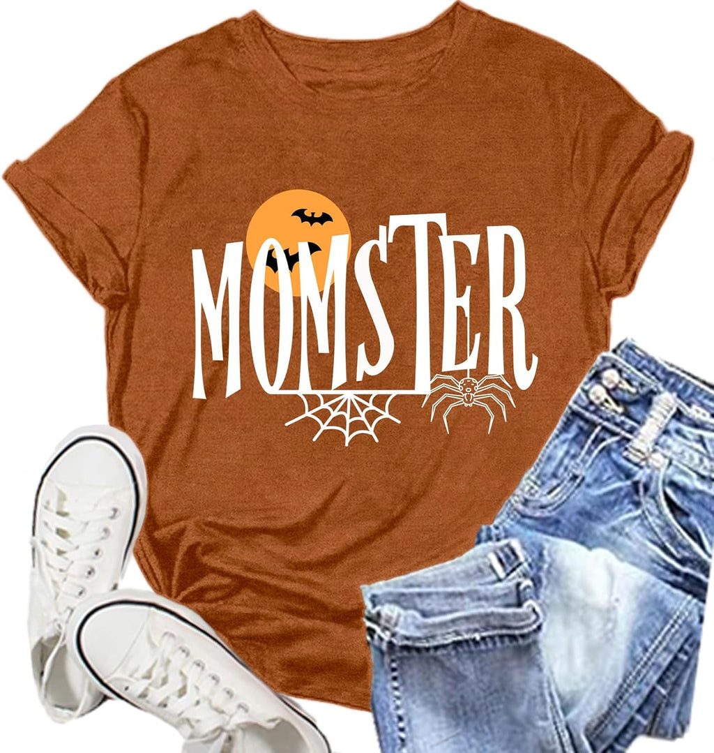 Halloween Momster T-Shirt for Women Funny Spider Bat Tee Mom Ster Letter Print Tee Tops