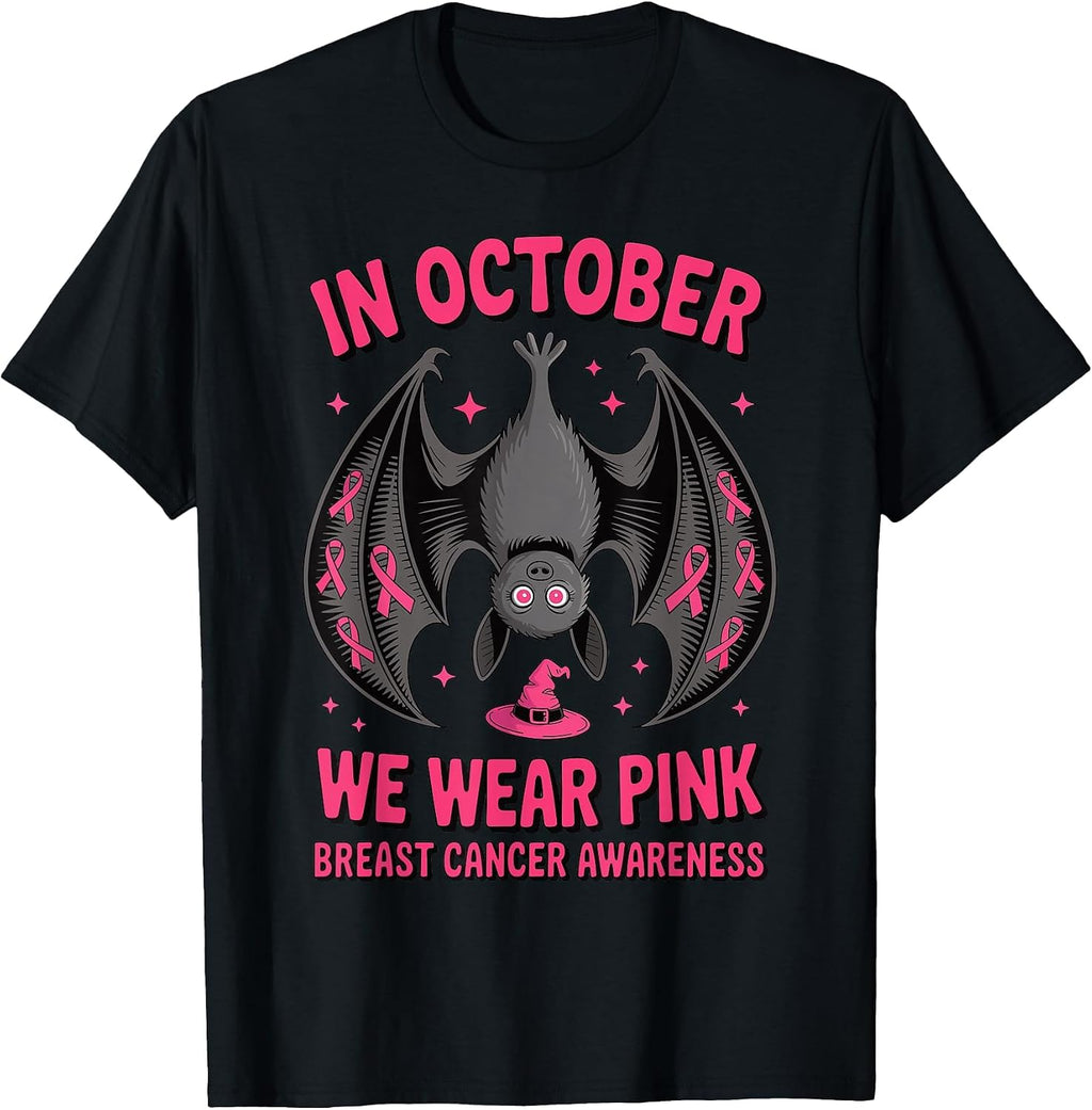We Wear Pink in October Breast Cancer Bat Women Halloween T-Shirt
