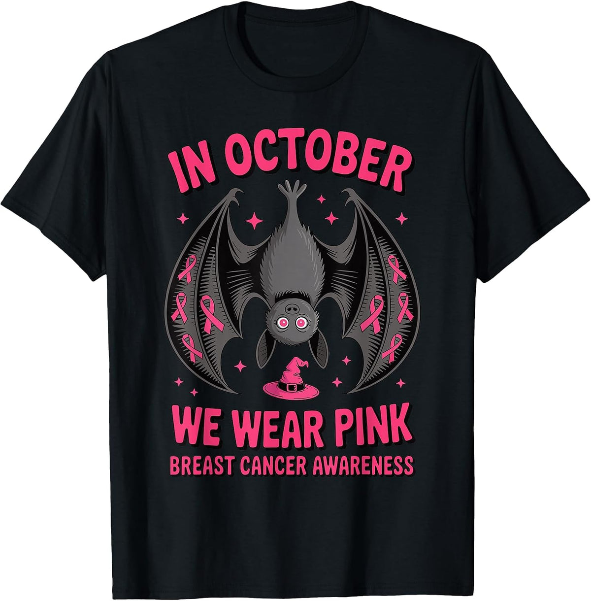 We Wear Pink in October Breast Cancer Bat Women Halloween T-Shirt