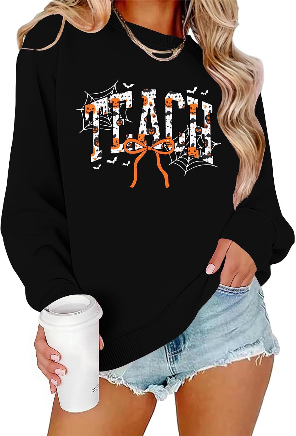 Teacher Halloween Sweatshirt Women Cute Ghost Reading Books Tops