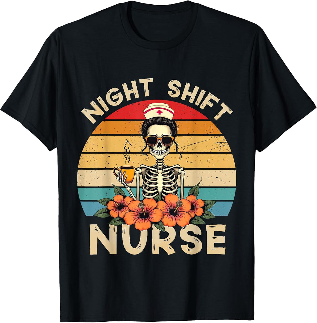 Night Shift Nurse Halloween Skeleton Registered Nursing Fall T-Shirt