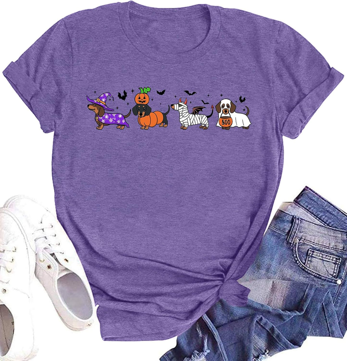 Women Halloween Shirt Ghost Dog Print T-Shirt Spooky Season Tops