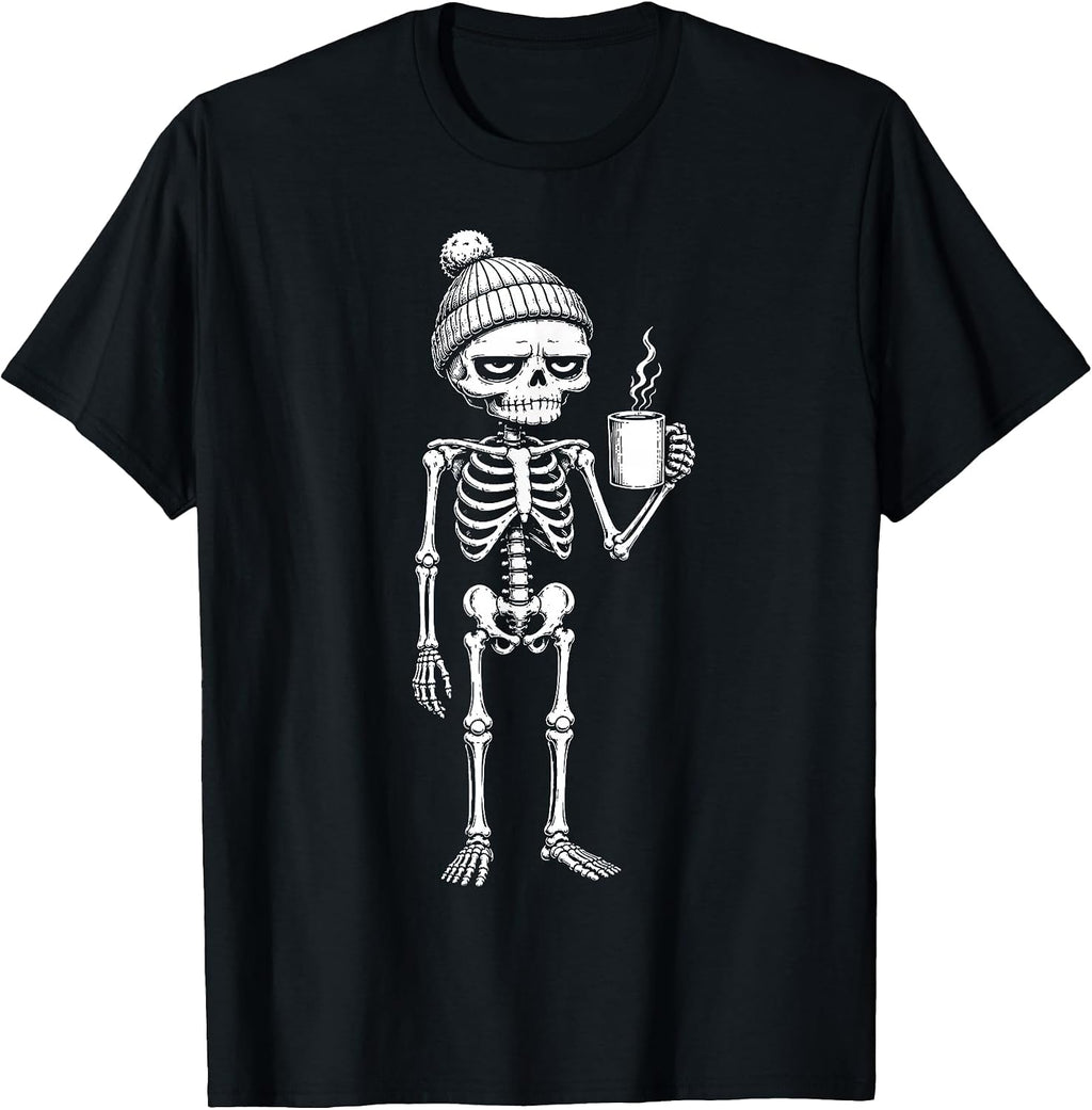 Grumpy Skeleton Drinking Coffee Lover Funny Skeleton T-Shirt