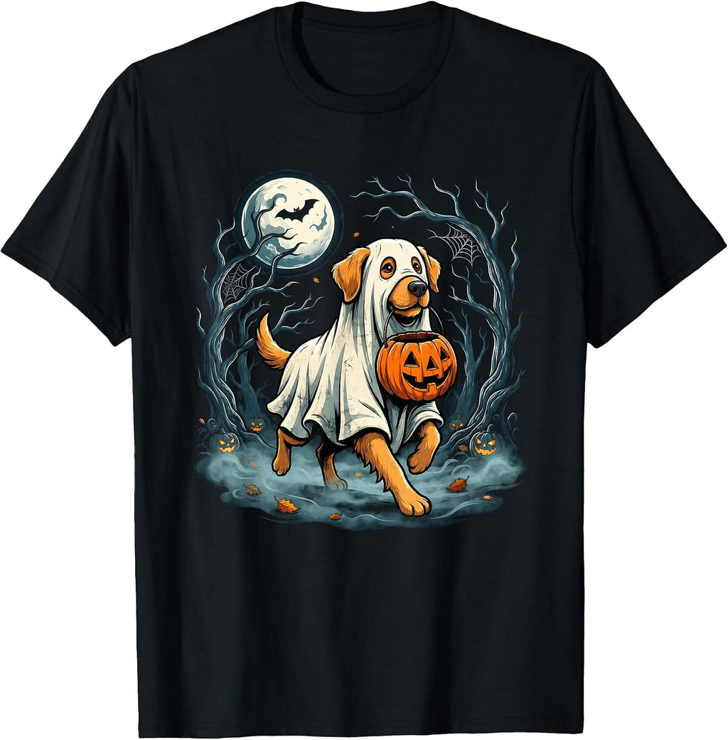 Ghost Dog Holding Pumpkin Walking Through Haunted Forest T-Shirt