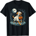 Ghost Dog Holding Pumpkin Walking Through Haunted Forest T-Shirt