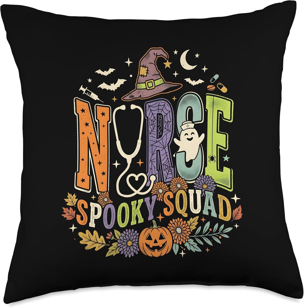 Spooky Squad Nurse Halloween Ghost Pumpkin Word Art Shirt Throw Pillow