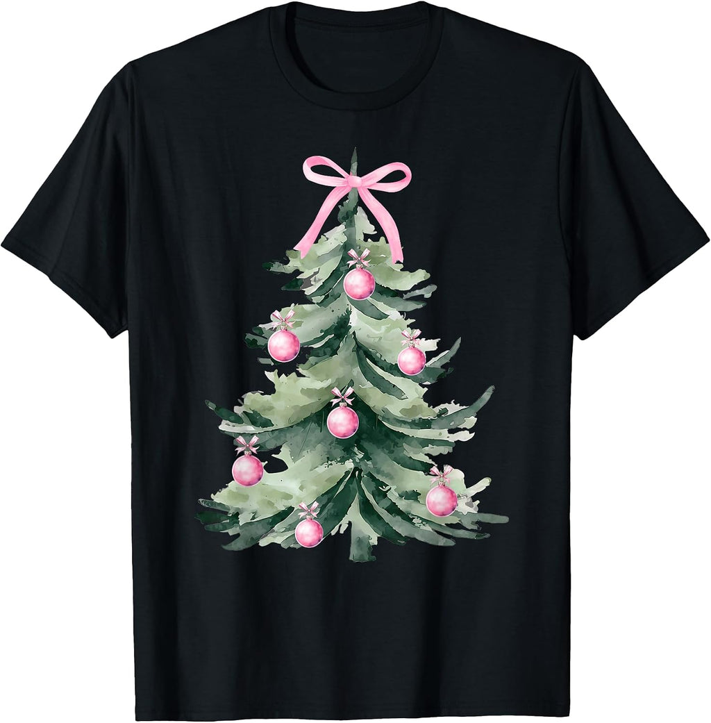 Pink Coquette Bow Christmas Holiday Xmas Tree Women Girls T-Shirt
