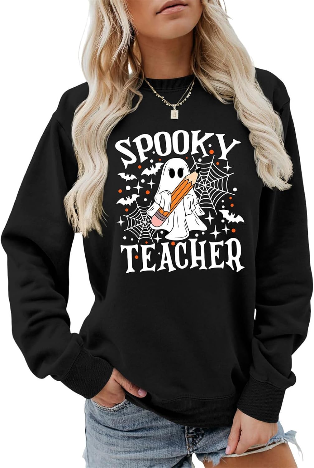 Spooky Teacher Sweatshirt Funny Halloween Teacher Shirts Women Cute Ghost Fall Pullover Tops Spooky Season Sweater