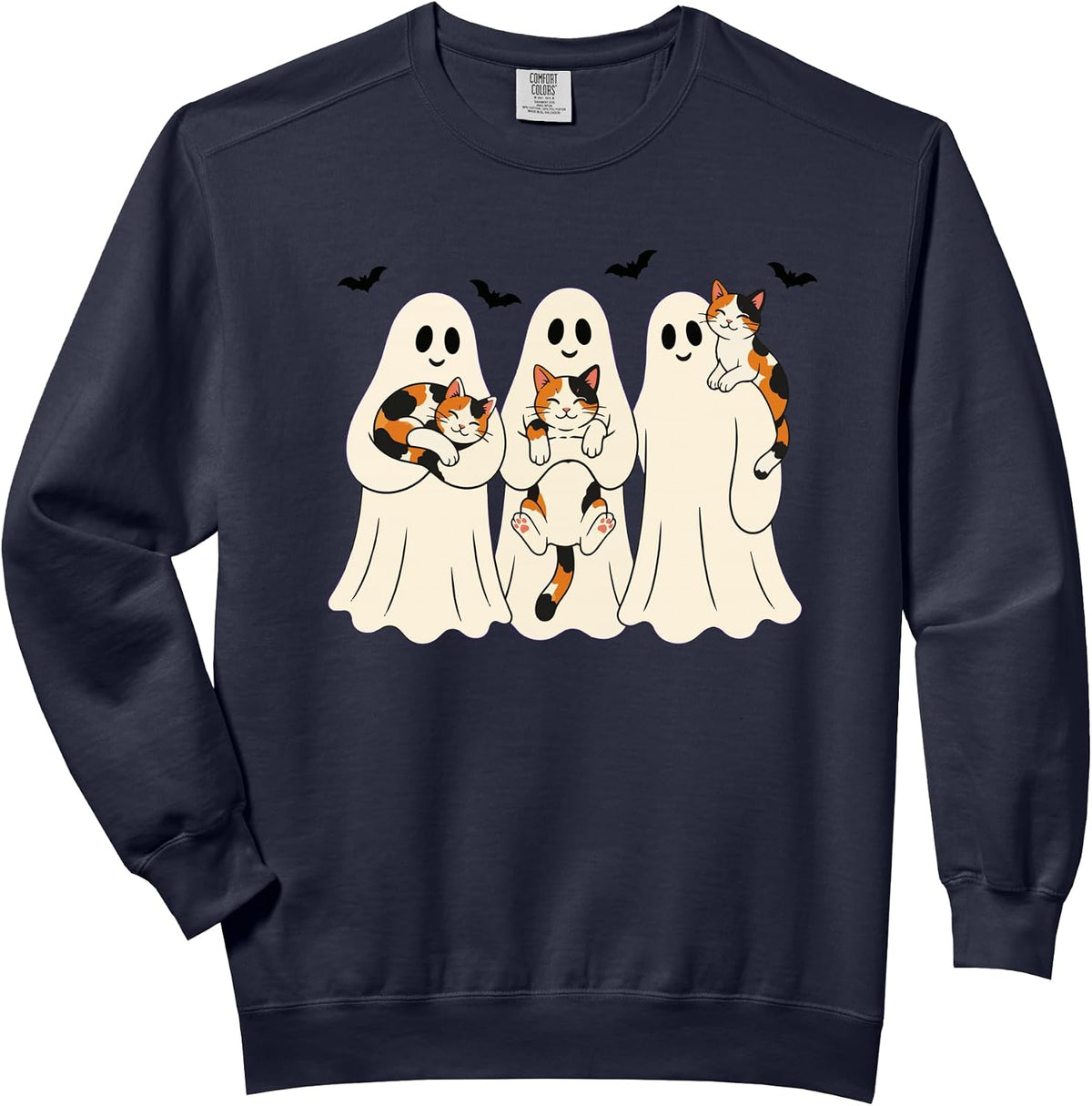 Cute Spooky Season Ghost Holding Calico Cats Funny Halloween Comfort Colors Adult Sweatshirt