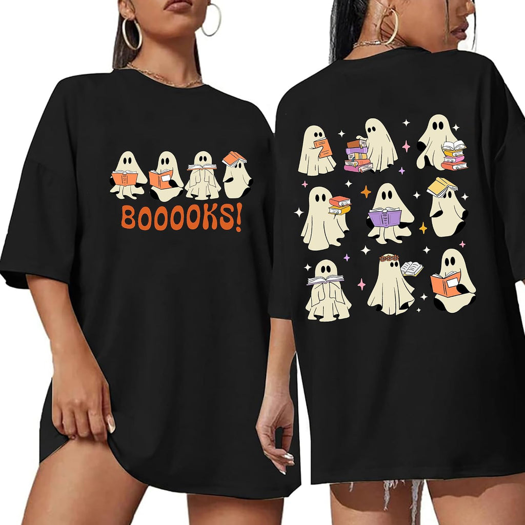 Halloween Shirts for Women Oversized Ghost Reading Books T-Shirt Cute Spooky Bookish Short Sleeve Tee Tops