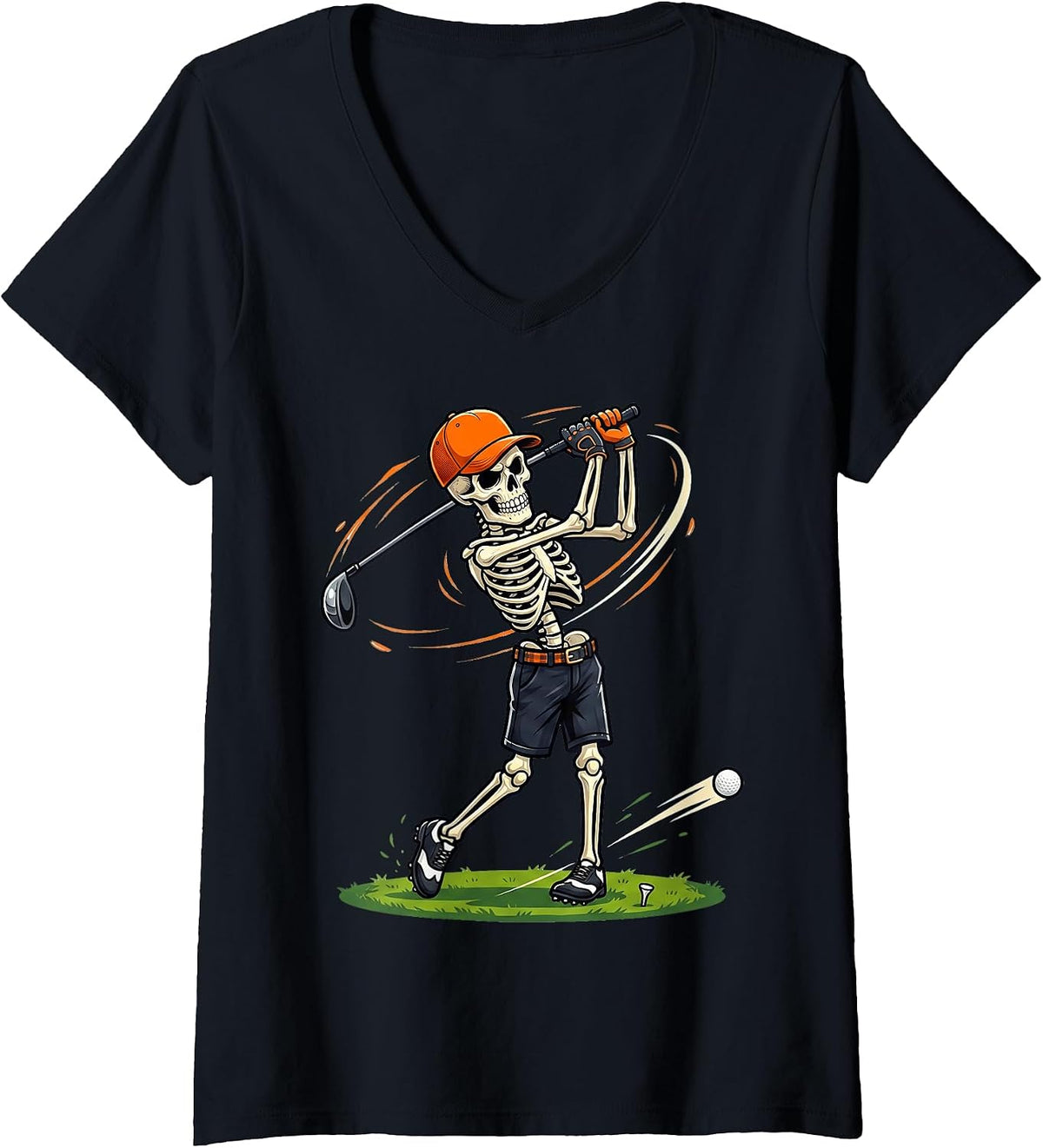 Women's Funny Skeleton Golfer Swing Spooky Halloween Golf Lover V-Neck T-Shirt