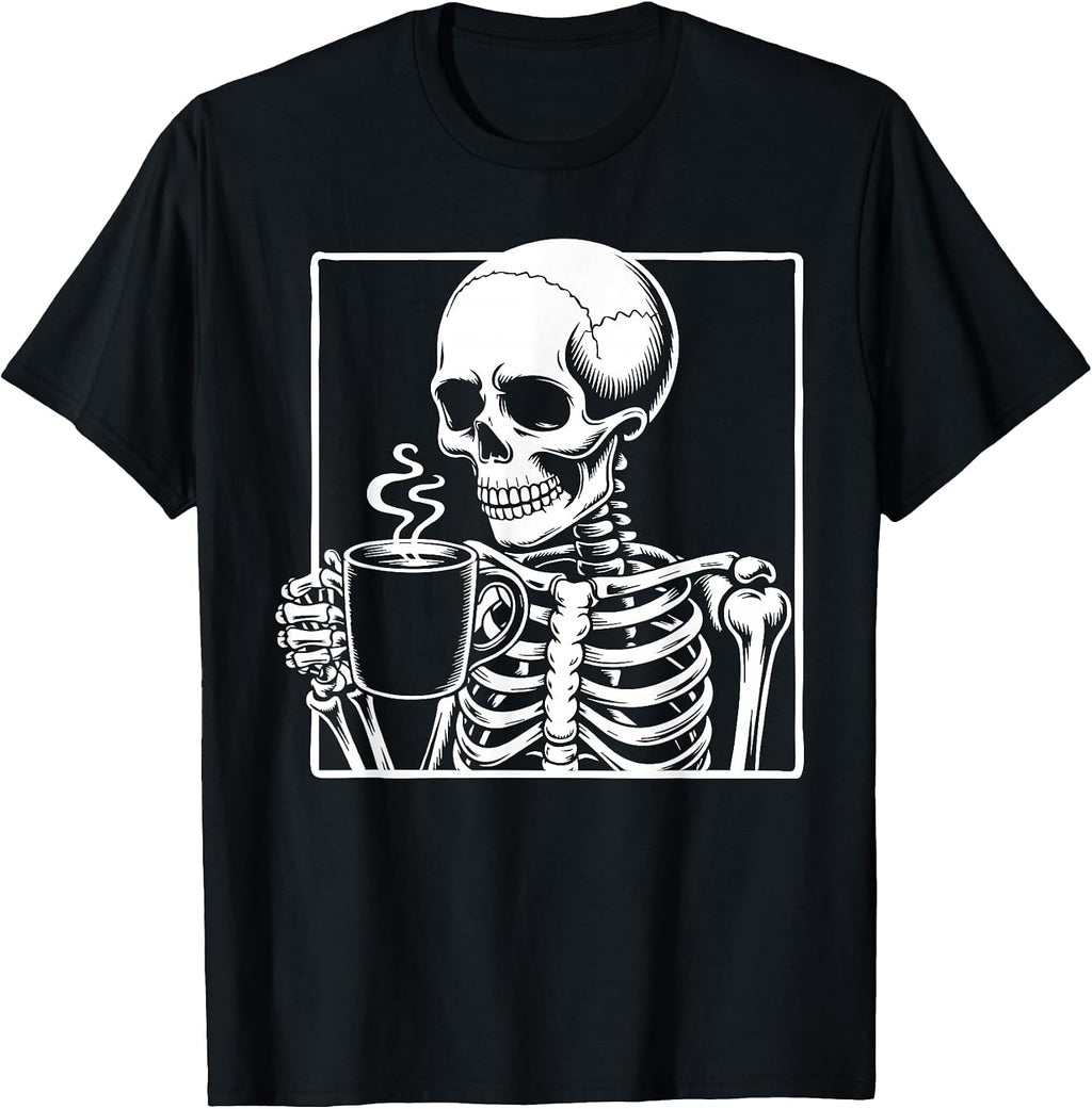 Skeleton Drinking Coffee Lover Funny Halloween Skull T-Shirt