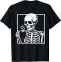 Skeleton Drinking Coffee Lover Funny Halloween Skull T-Shirt