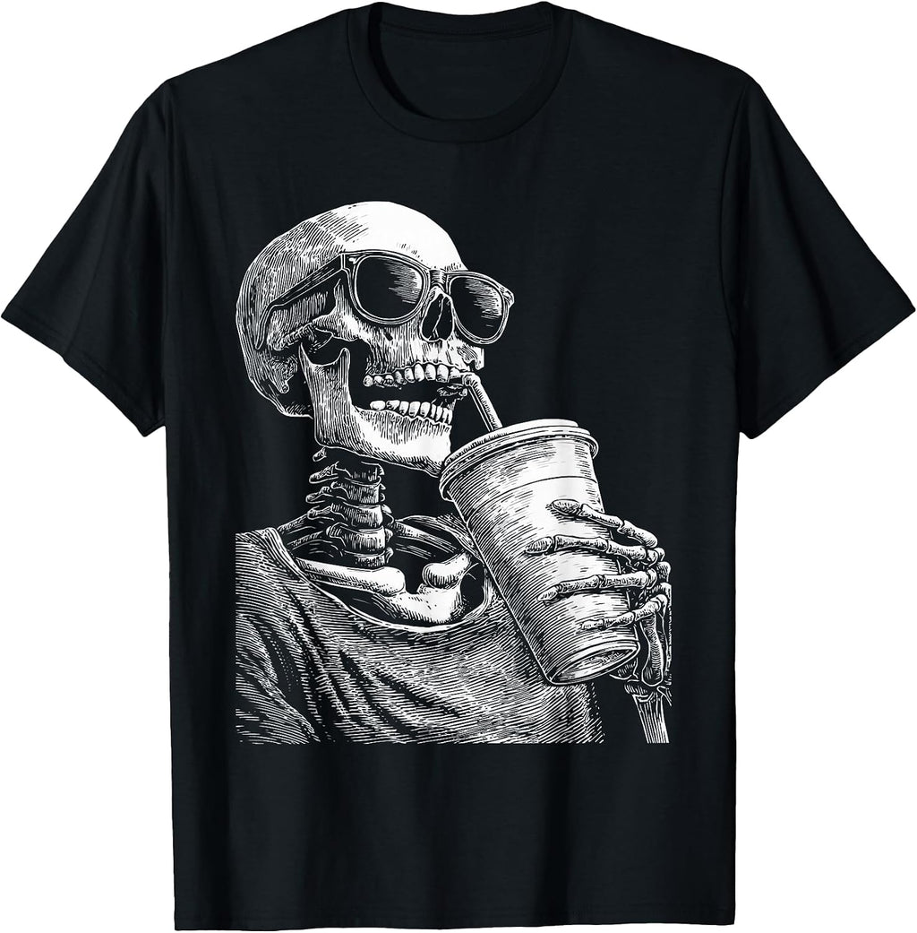 Cool Skeleton Drinking Iced Coffee Funny Meme Grunge Gothic T-Shirt