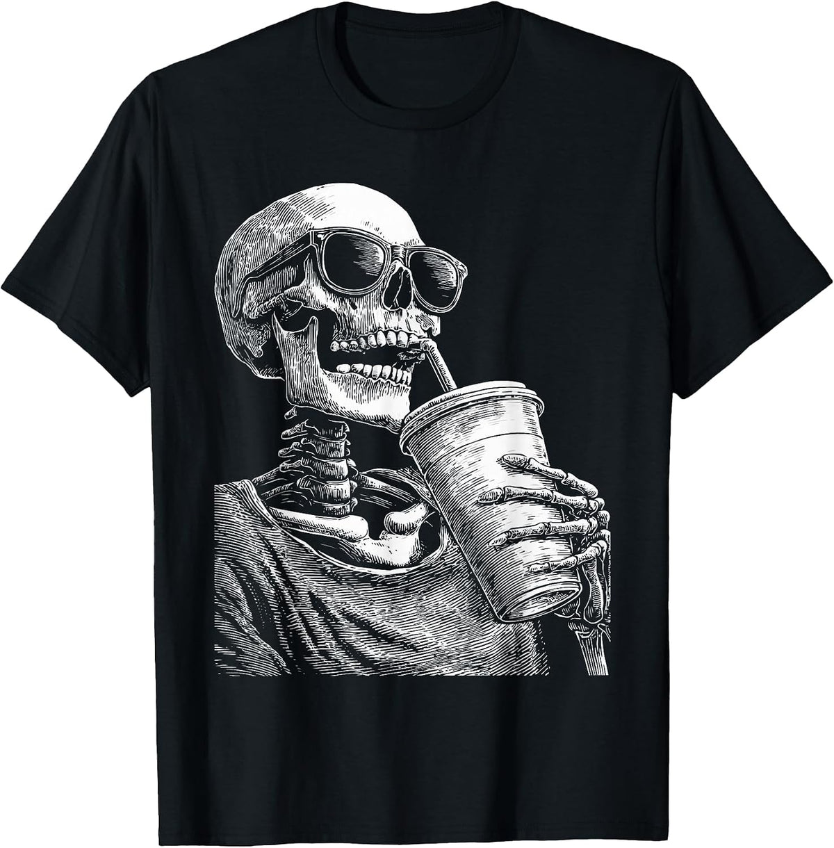 Cool Skeleton Drinking Iced Coffee Funny Meme Grunge Gothic T-Shirt