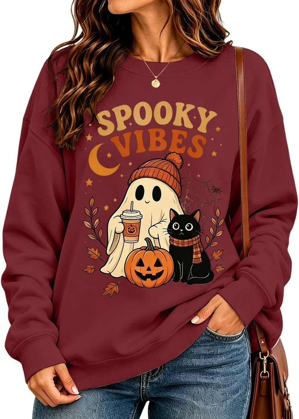 Halloween Sweatshirts for Women Ghost Pumpkin Cat Graphic Crewneck Pullover