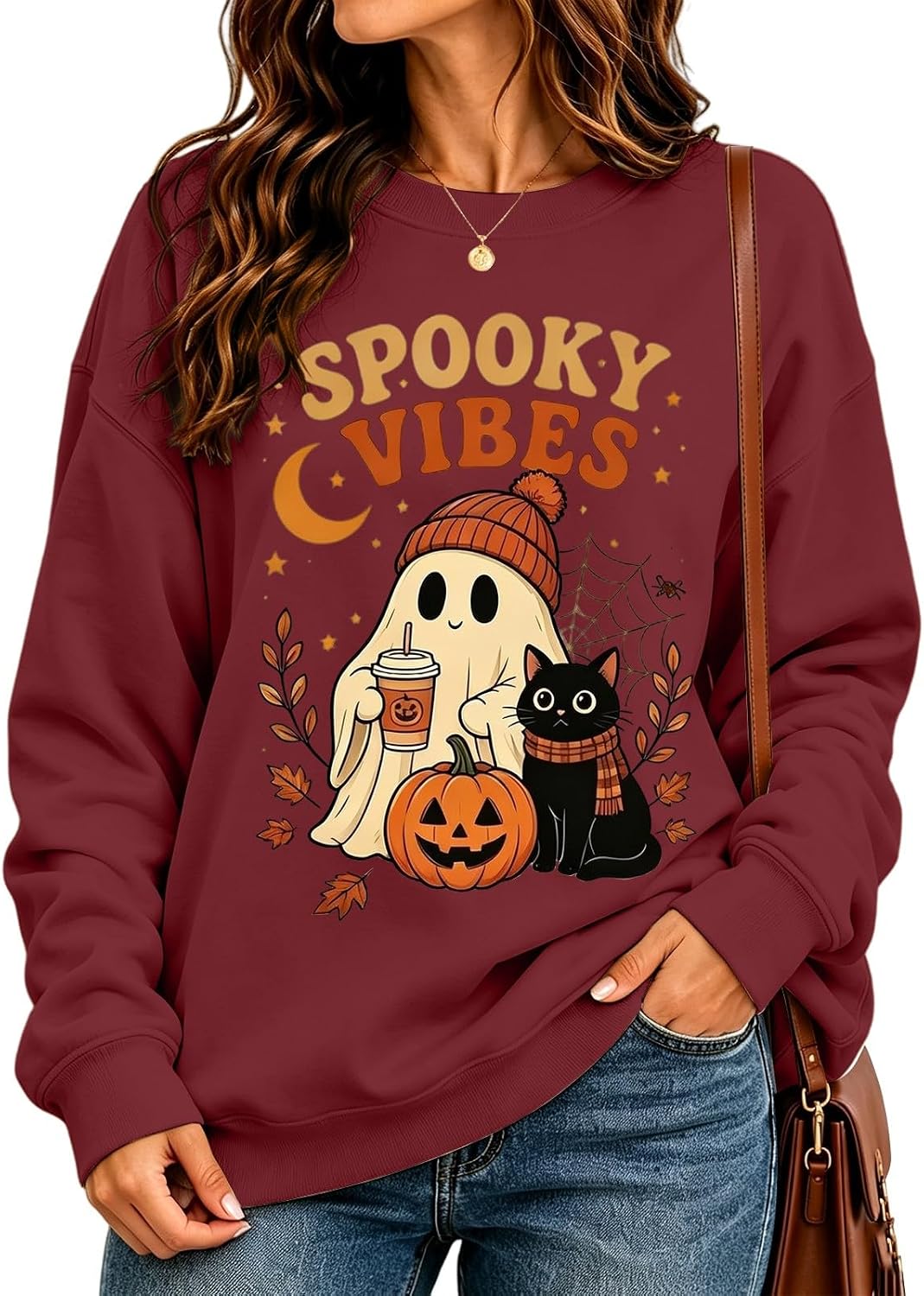Halloween Sweatshirts for Women Ghost Pumpkin Cat Graphic Crewneck Pullover