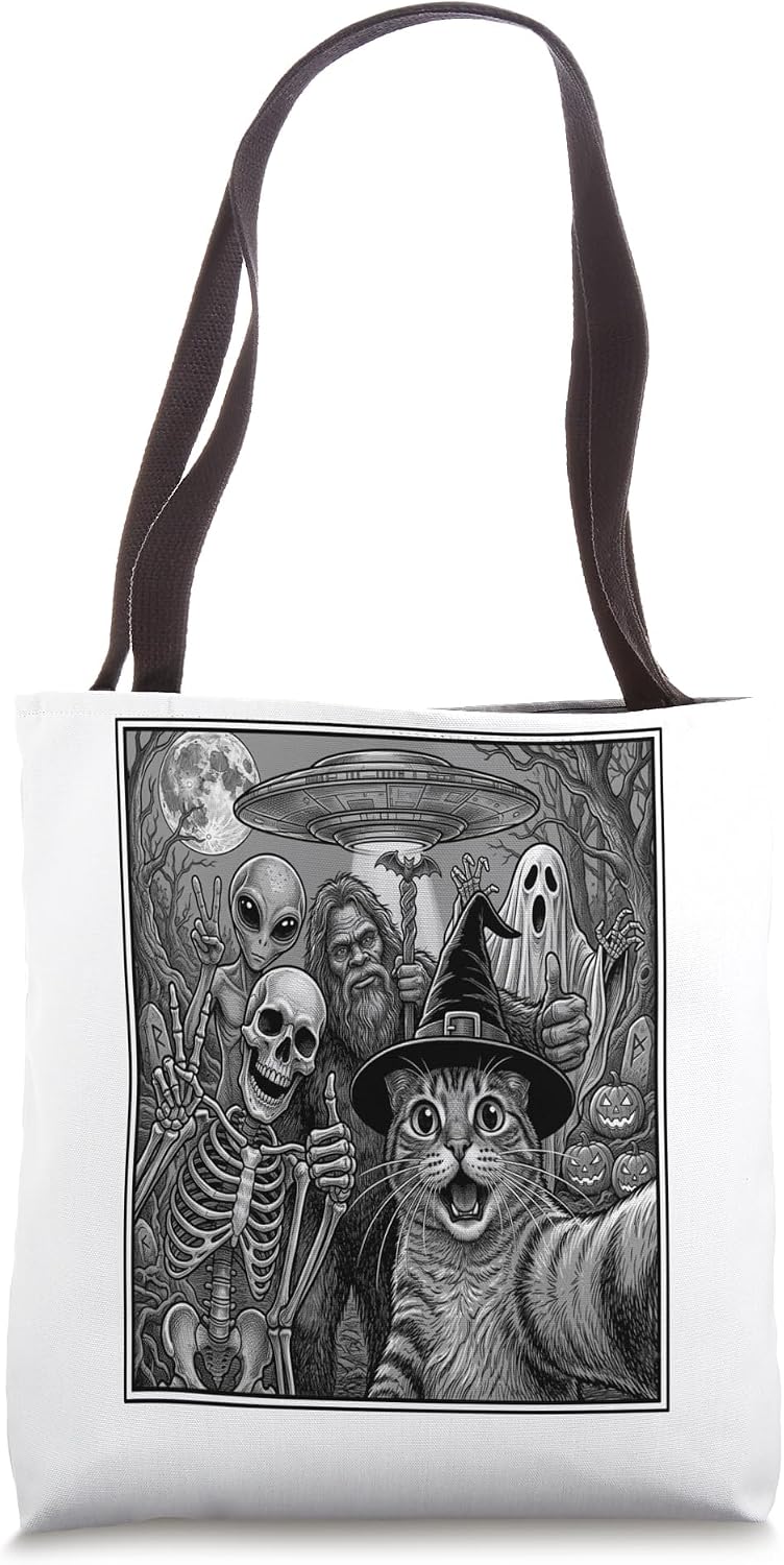 Spooky Cat Selfie Monster Squad Halloween Paranormal Graphic Tote Bag