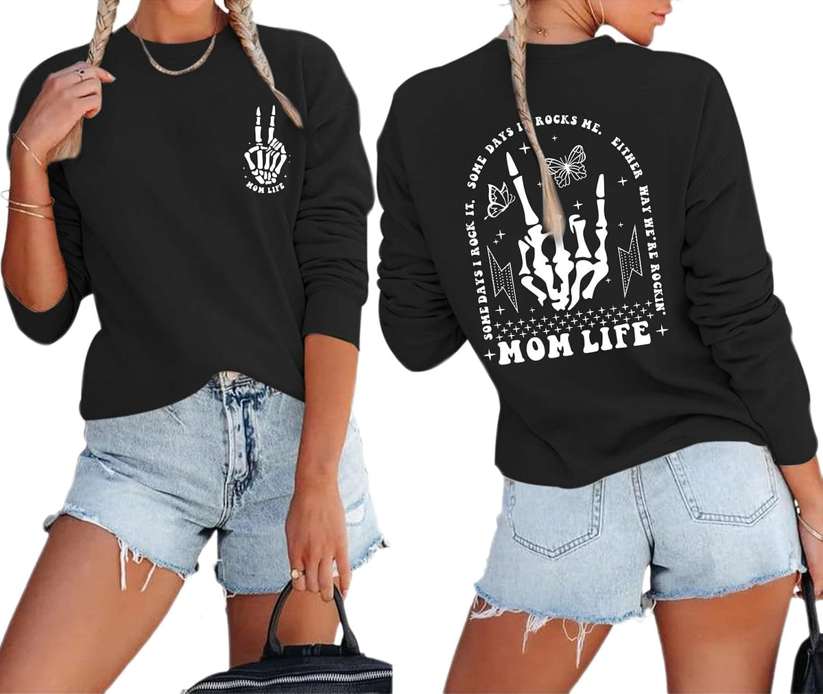 Mom Life Sweatshirt Mama Sweatshirts for Women Skeleton Halloween Long Sleeve Shirt Rock Crewneck Graphic Pullover