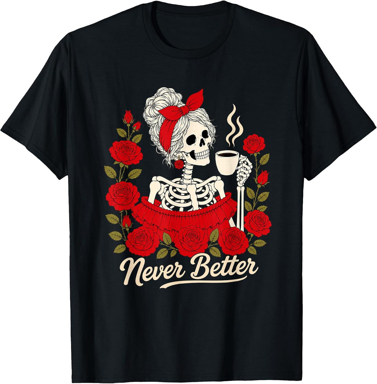 Funny Messy Bun Drinking Coffee Skeleton Halloween Women T-Shirt