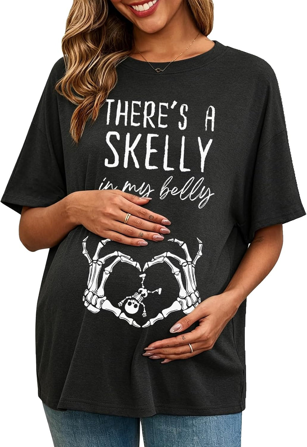 Maternity Halloween Skelly in My Belly Pregnancy Announcement Short Sleeve Tee Top
