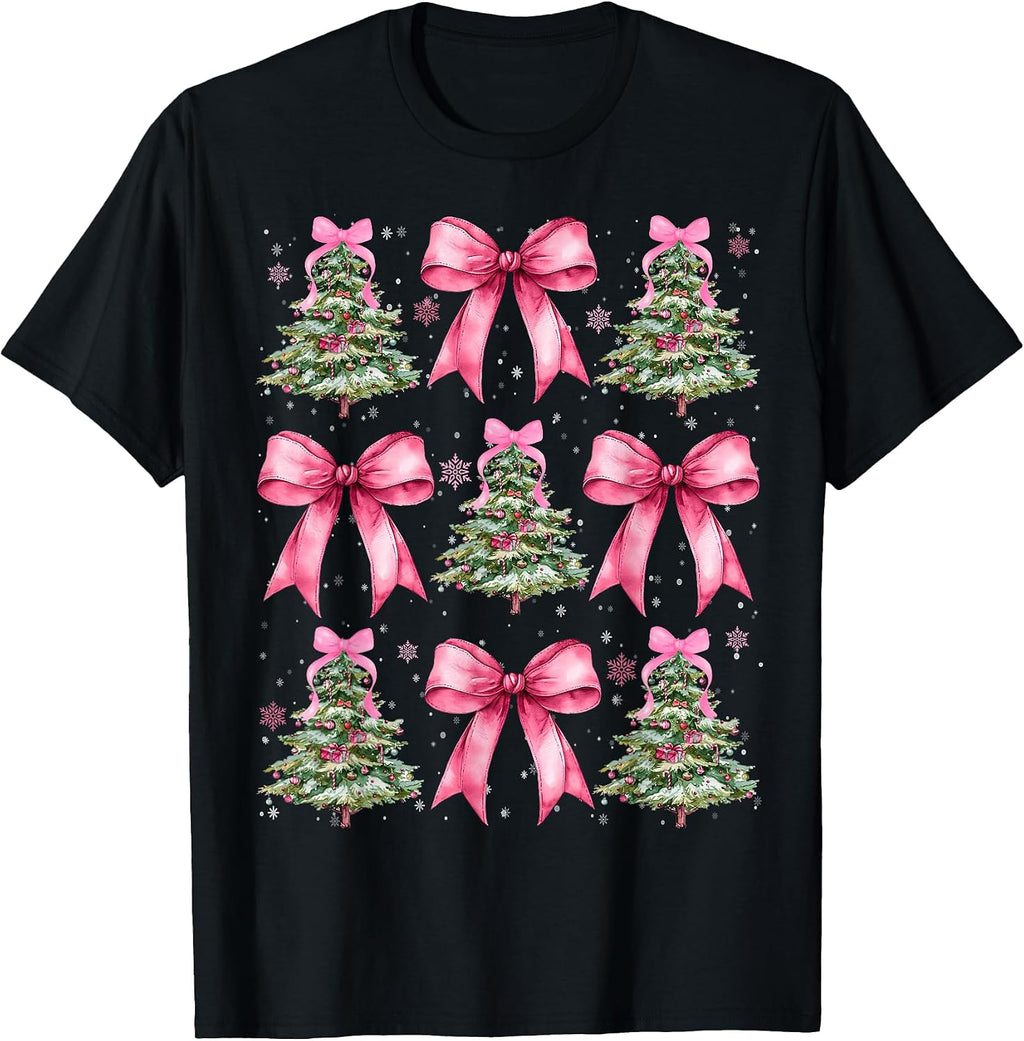 Pink Coquette Bow Xmas Holiday Christmas Tree Girl Women T-Shirt
