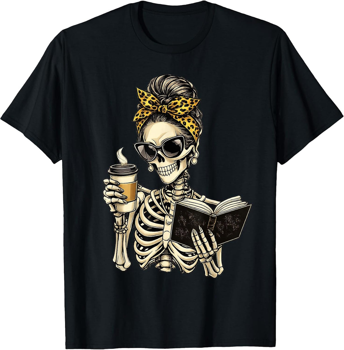 Skeleton Girl Drinking Coffee and Reading Book T-Shirt