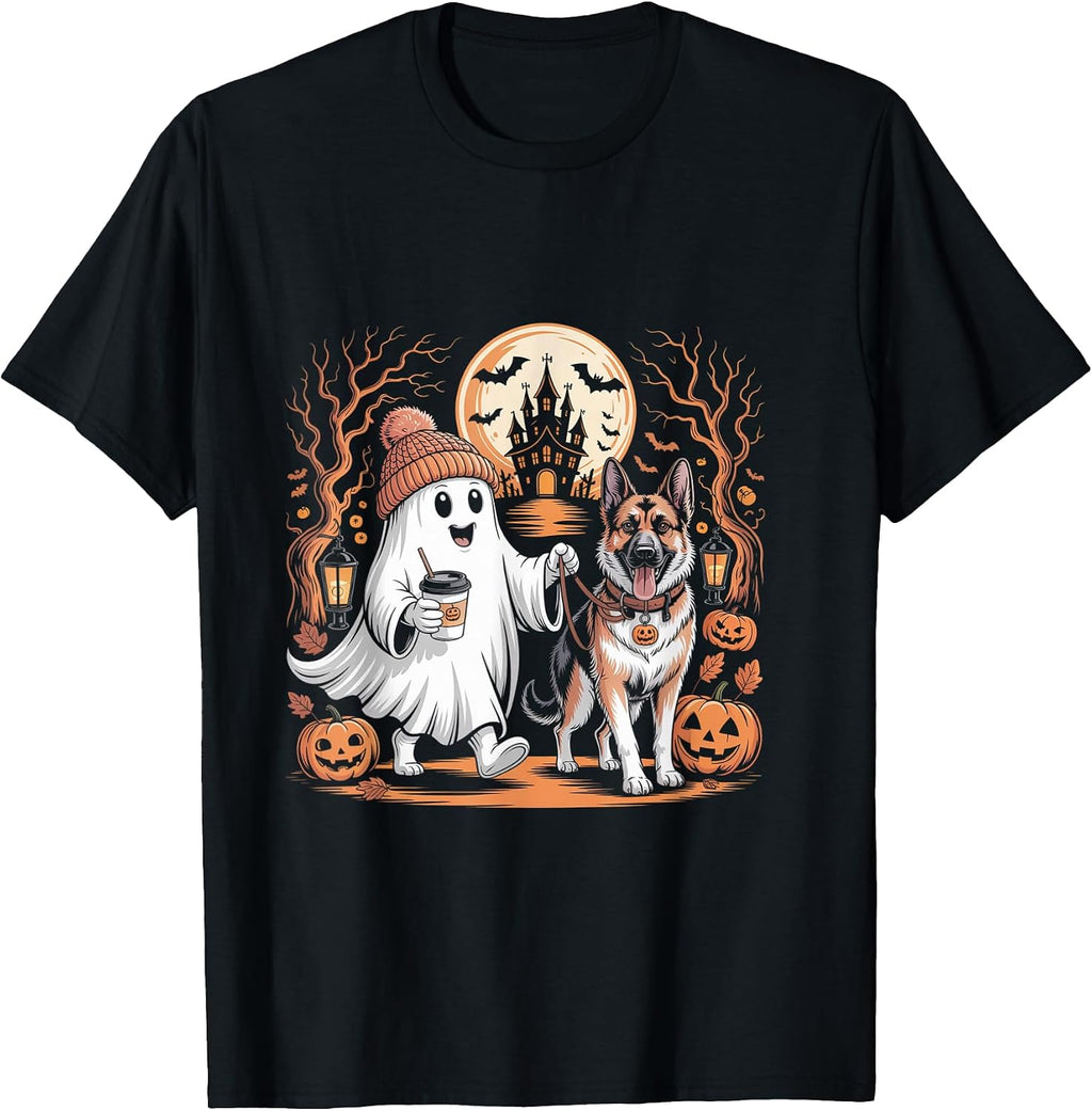 Halloween Ghost Dog Pumpkin Haunted House T-Shirt