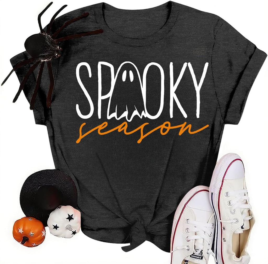 Spooky Season Shirts for Women Halloween Shirt Cute Ghost Letter Print Tees Tops