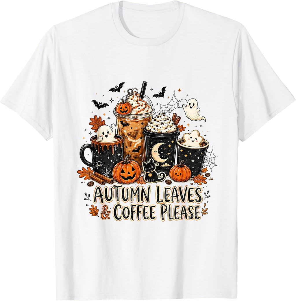 Autumn Leaves and Coffee Please Retro Fall Teacher Halloween T-Shirt