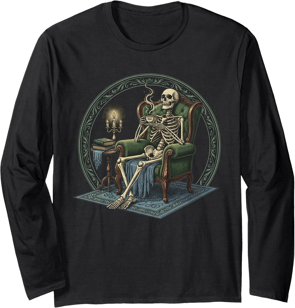 Funny Skull Drinking Coffee Skeleton Art Long Sleeve T-Shirt