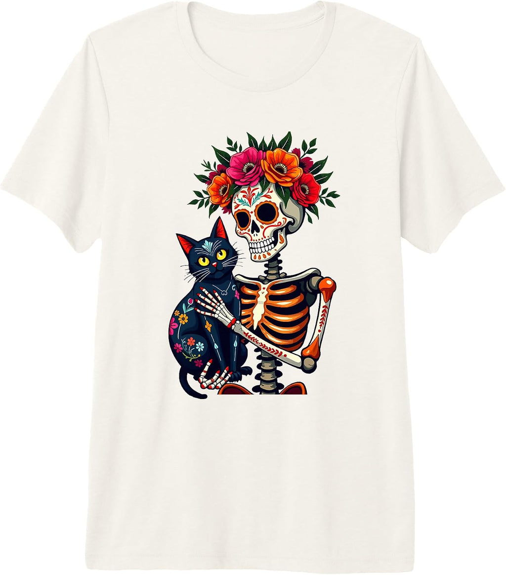 Skeleton and Cat Sugar Skull Dia De Los Muertos Day of Dead Premium Tri-Blend T-Shirt