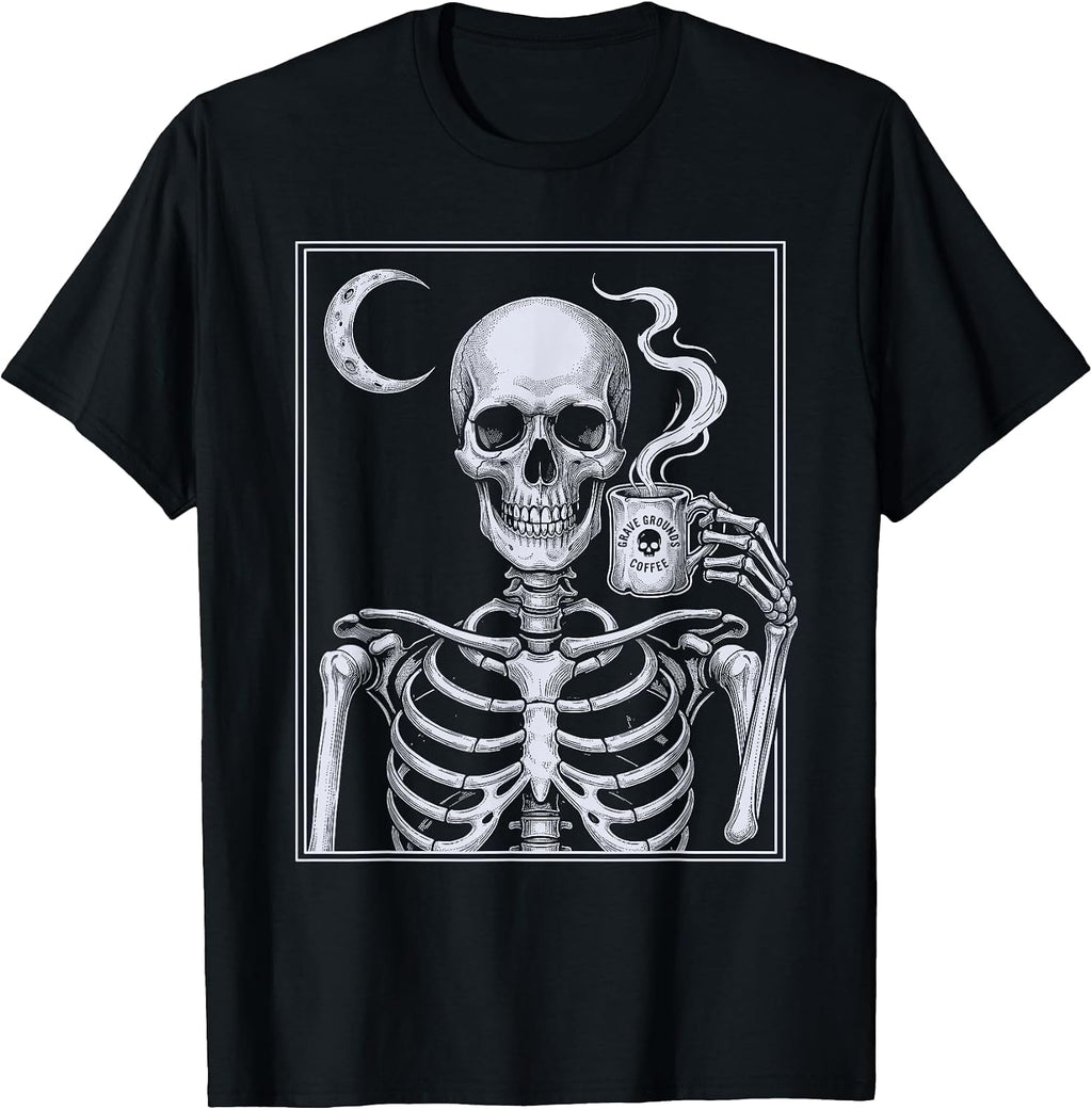 Skeleton Drinking Coffee Funny Fall Halloween Goth Skull T-Shirt